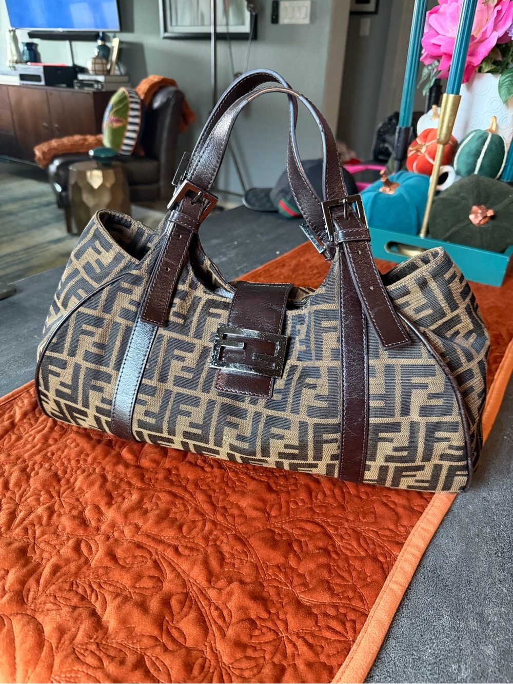 Fendi Brown Zucca FF Logo Canvas Shoulder Bag with Dark Leather Trim
